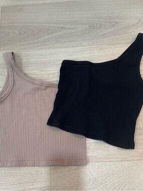 We The Free Ribbed One-Shoulder Crop Tank Duo - Black & Mauve
